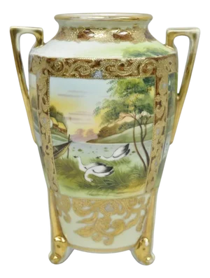 Antique Nippon Hand Painted Porcelain Twin Handled Vase W/ Swan & Lake Scene