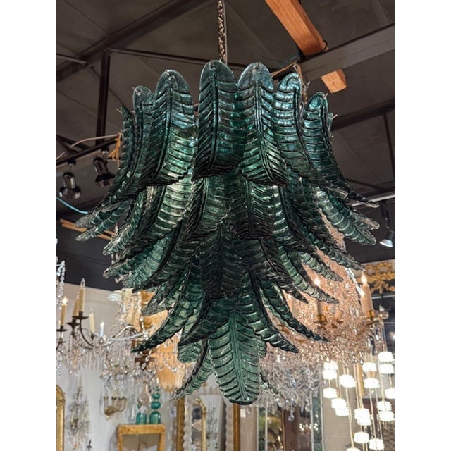 Modern Palm Leaf Dark Green Murano Glass Waterfall Chandelier For Sale In Dallas - Image 6 of 6