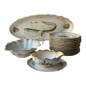 Antique 1898-1923 J & C Malmaison Bavaria Hand Painted Fisher Plates Set- 14 Pieces