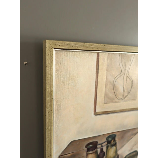 1974 Modernist 'Still Life With Binoculars' Vintage Original Interior Oil Painting, Framed For Sale - Image 6 of 11