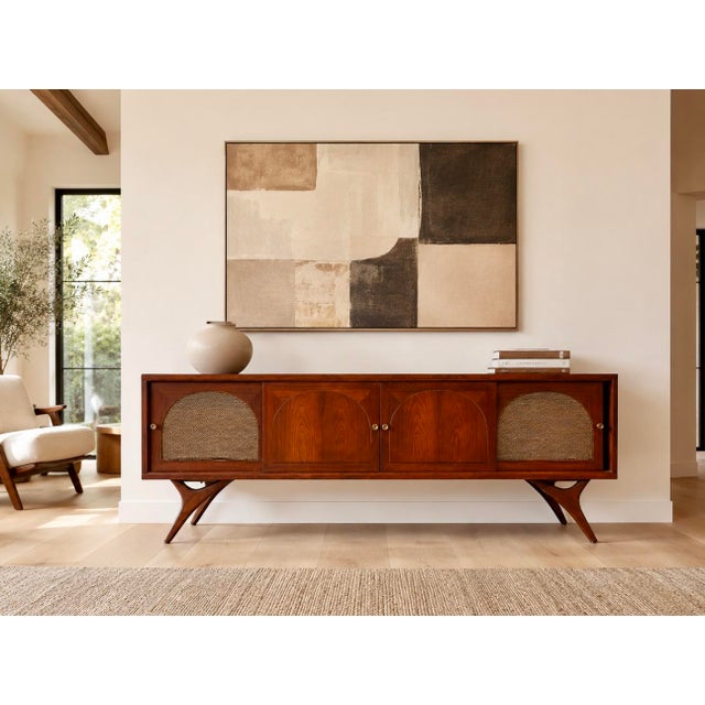 Long + Low Mid Century Modern Walnut and Cane Credenza | Sculptural Kagan Style Wishbone Leg Sideboard, C. 1960's For Sale - Image 14 of 15