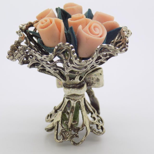 1980s Vintage Italian Handmade Genuine Silver & Salt Dough Flower Bouquet Figurine For Sale - Image 5 of 12