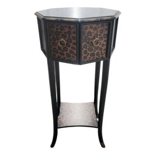 1990s Small Leopard Print Faux Bamboo Octagonal 1 Drawer Tall Side Table For Sale