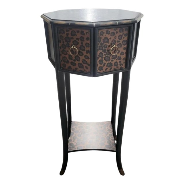 1990s Small Leopard Print Faux Bamboo Octagonal 1 Drawer Tall Side Table For Sale