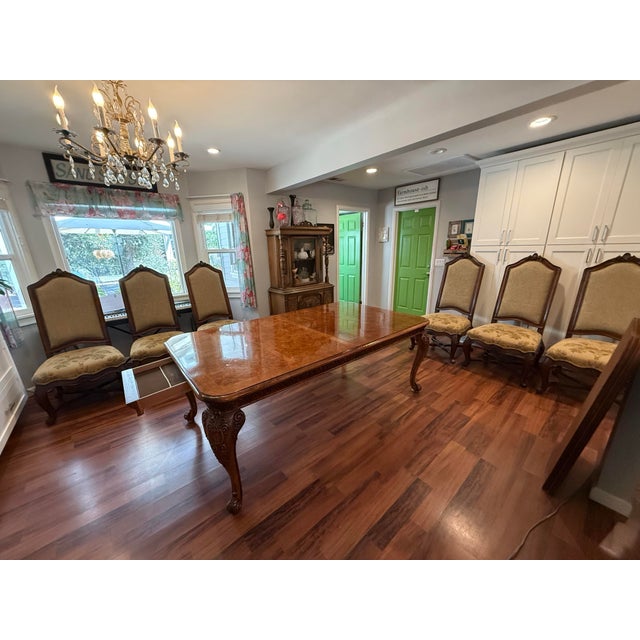 Henredon Italian Baroque Carved Oak and Burl Wood Extension Dining Table. This table features a striking patchwork burl...