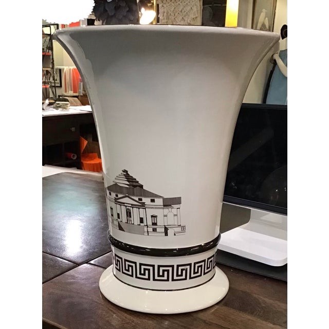 Monumental Ceramic Vase in the Style of Piero Fornasetti Striking and architectural, this monumental ceramic vase is...