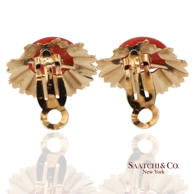 Vintage Gia Certified 14k Yellow Gold Natural Coral Earrings With Omega Back, Pair For Sale - Image 9 of 13