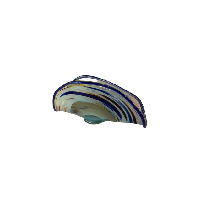 Art Glass Signed Michael Peluso Blue Swirl Clam Shaped Vase For Sale - Image 11 of 14