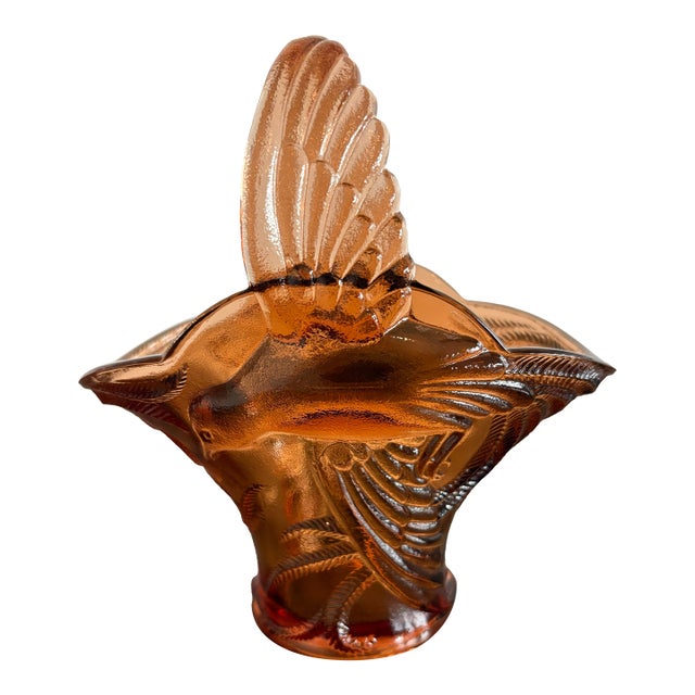 Vintage Tiara Indiana Glass "Empress Bird of Paradise" Peach/Amber Glass Basket For Sale
