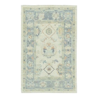 Silver Gray Field Multicolor Handwoven Turkish Oushak Rug 4' X 6'2" For Sale