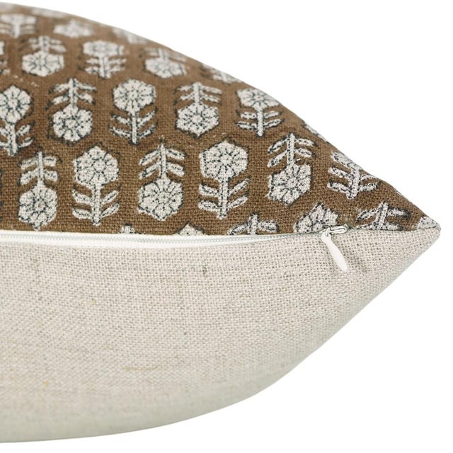 Farmhouse Tulsi Buti Block Printed Thick Linen Throw Pillow Cover 12x20 Inch For Sale - Image 3 of 5