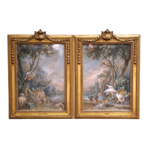 Pair of 18th Century French Louis XVI Framed Watercolors With Protective Glass
