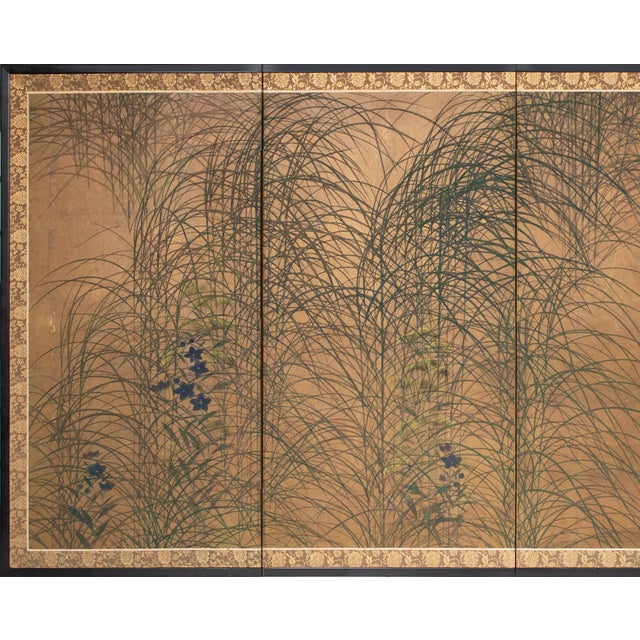 Lovely Japanese painted 4-panel byobu (folding screen) “Quails and Pampas Grass” by Koga / 光峨. Signed and sealed by the...