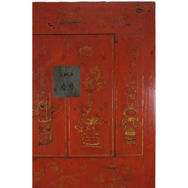 Mid 19th Century Red Antique Chinese Wedding Cabinet – 77 Inches Tall For Sale - Image 5 of 13