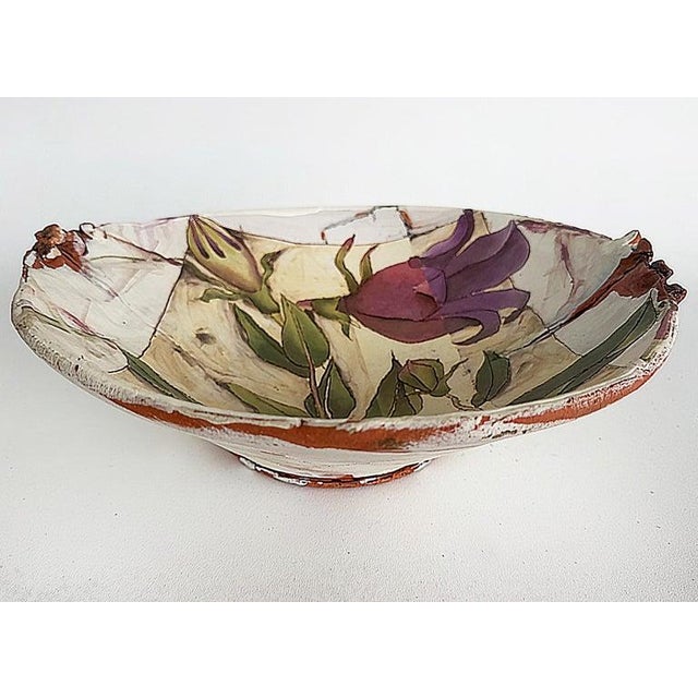 Purple Studio Pottery Botanical Painted Lilly CenterpiecBowl, Artist Signed For Sale - Image 8 of 11