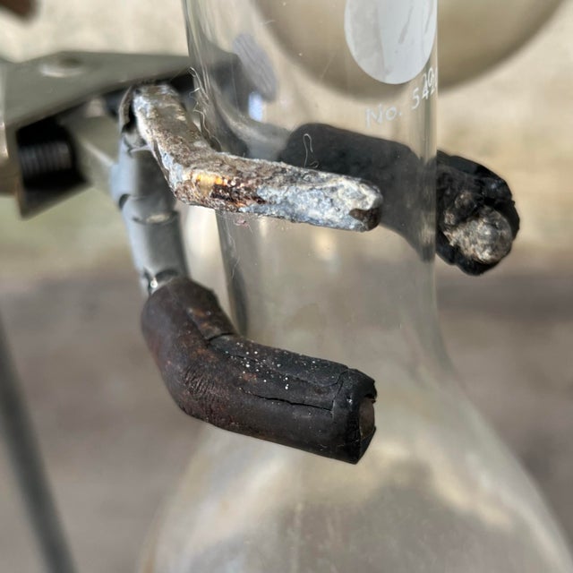 Metal Large Vintage Industrial Weathered Laboratory Ring Stand Vase W/Five Long Neck Glass Flasks For Sale - Image 7 of 11