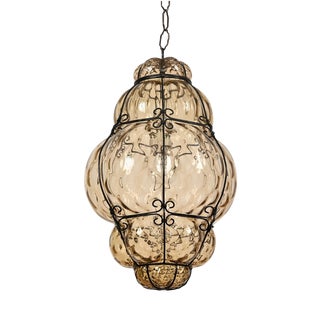 Large Mouth-Blown Murano Amber Glass and Iron Lantern Pendant Light from Seguso, Italy, 1940 For Sale