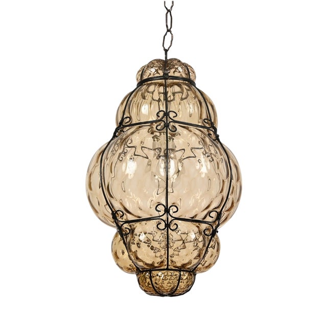 Large Mouth-Blown Murano Amber Glass and Iron Lantern Pendant Light from Seguso, Italy, 1940 For Sale
