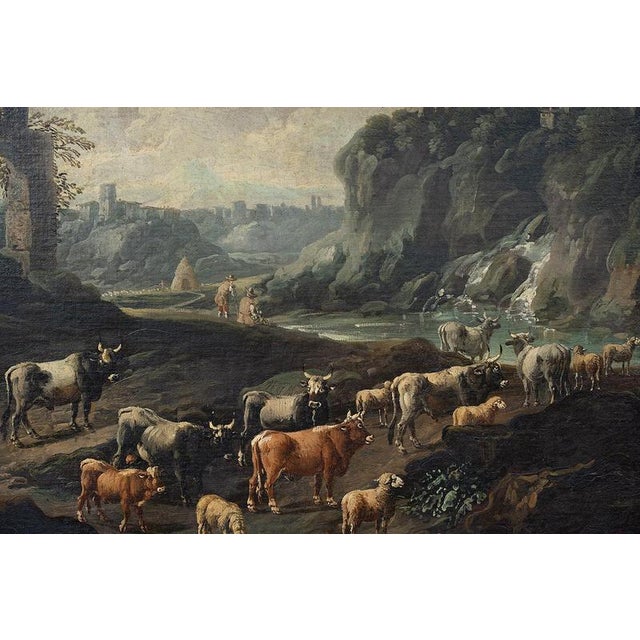 After Domenico Brandi, The Mammolo Bridge and a Roman Landscape with Ruins, Naples, Early 18th Century, Oil Paintings on Canvas, Framed, Set of 2 For Sale - Image 7 of 8