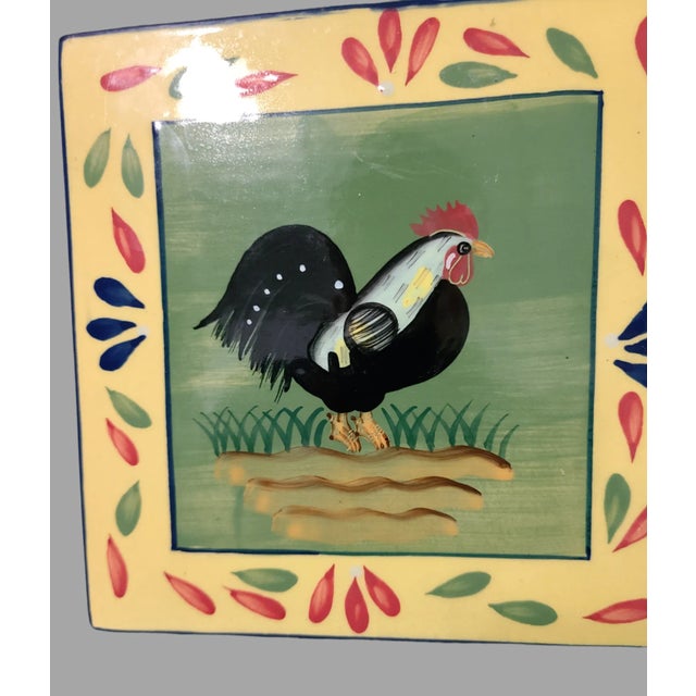 French Country Late 20th Century Provence Baum Bros. Style Eyes Hand Painted Terra-Cotta Country Rooster Wall Hanging Trivet Tile For Sale - Image 3 of 9