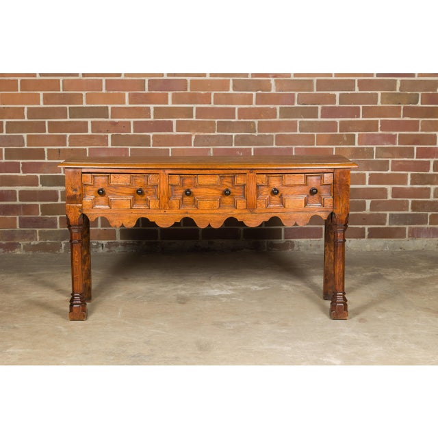 19th Century English Oak 19th Century Geometric Front Dresser Base with Three Drawers For Sale - Image 5 of 12