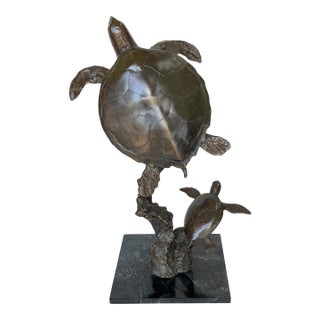 Monumental Bronze Sea Turtle Sculpture on Marble Base, Late 20th Century For Sale