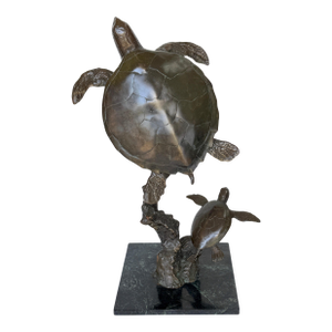 Monumental Bronze Sea Turtle Sculpture on Marble Base, Late 20th Century
