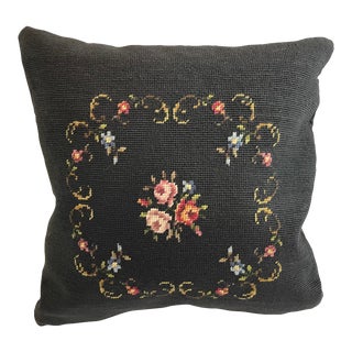 Vintage Black Needlepoint Pillow For Sale