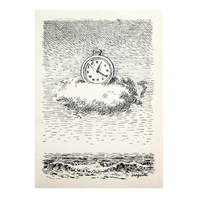 1966 Rene Magritte 3 Signed Lithograph 3 Clock in Cloud Aube a l'Antipode For Sale
