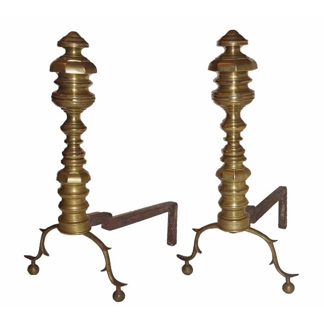 Late 19th Century Andirons Antique Brass With Spurred Cabriole Legs and Ball Feet - A Pair For Sale - Image 5 of 5