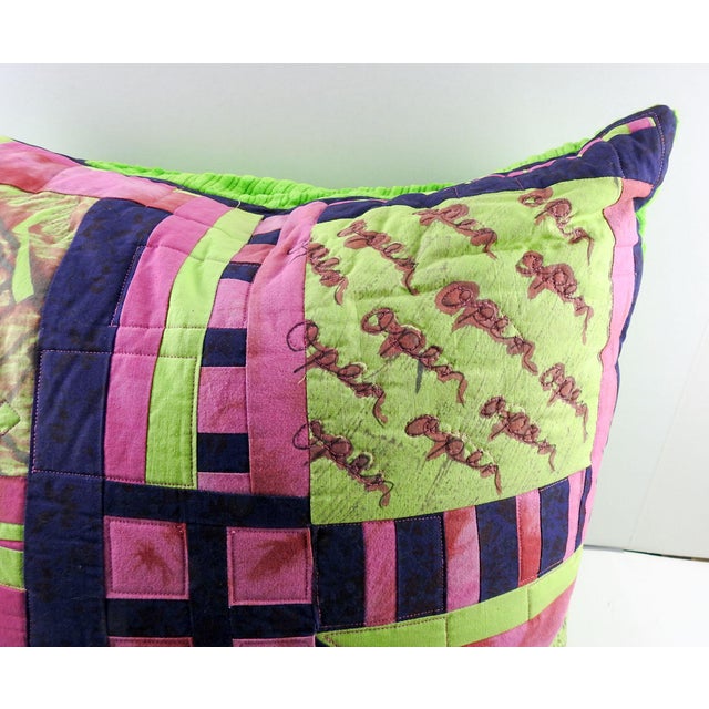 Mid-Century Modern Artist Studio Made Quilted Green Pink Monoprint Pillow For Sale - Image 3 of 6