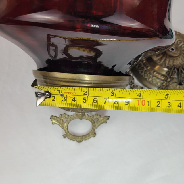 Antique Ruby Red Glass Hanging Oil Lamp Macbeth Pearl Glass Chimney Brass Trim For Sale - Image 10 of 13