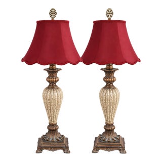 Late 20th Century Neoclassical Cream Crackle Urn Lamps With Deep Red Bell Shades - Pair For Sale