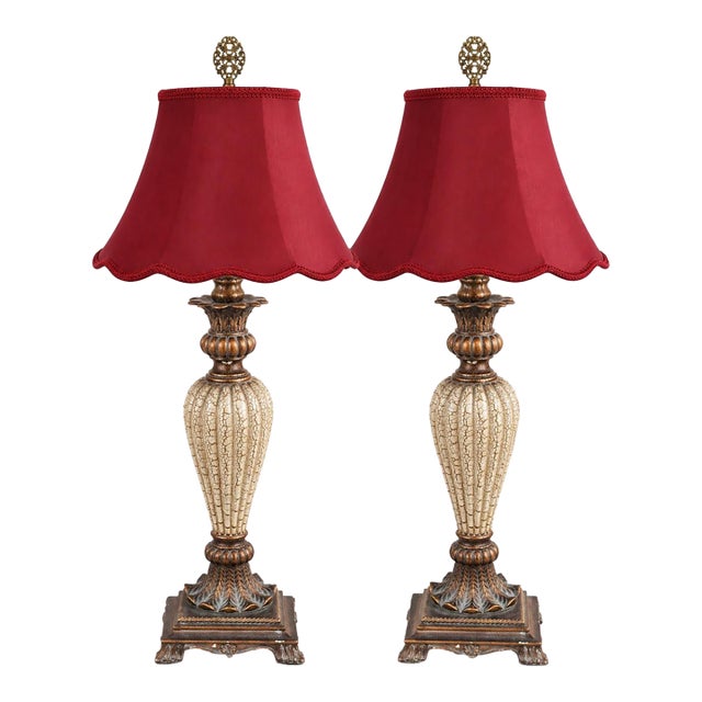 Late 20th Century Neoclassical Cream Crackle Urn Lamps With Deep Red Bell Shades - Pair For Sale