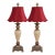 Late 20th Century Neoclassical Cream Crackle Urn Lamps With Deep Red Bell Shades - Pair For Sale