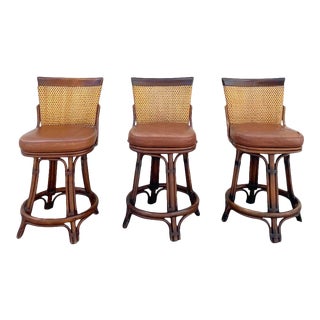 Palecek Woven Rattan, Bamboo, and Leather Counter Height Barstools, Set of 3 For Sale