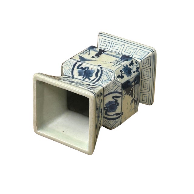 Blue Vintage Pale Blue White Scenery Graphic Square Porcelain Vase For Sale - Image 8 of 9
