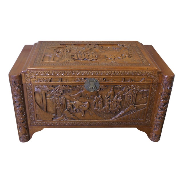 Art Deco Carved Camphor Wood Chest, 1920s For Sale