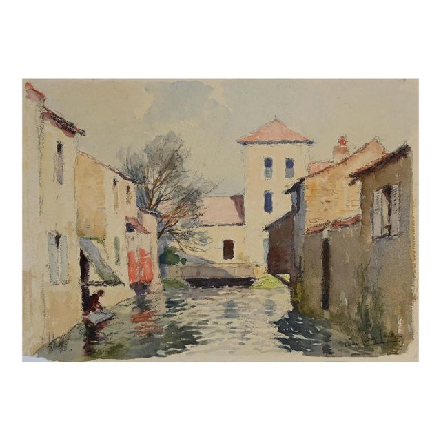 Gautier René Georges, Houses on the River, Watercolor, Mid 20th-Century For Sale