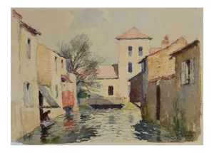 Gautier René Georges, Houses on the River, Watercolor, Mid 20th-Century