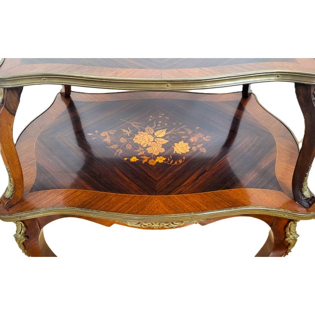 Antique French Louis XV Floral Inlay Rosewood & Bronze Double Tier Dessert Table For Sale - Image 10 of 15