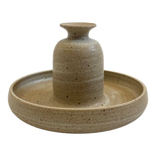 Vintage Speckled Pottery Bud Vase and Tray For Sale