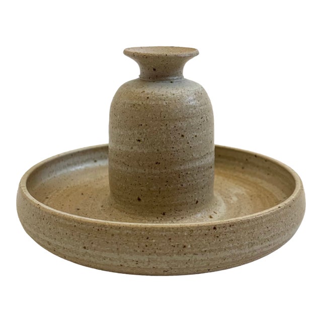 Vintage Speckled Pottery Bud Vase and Tray For Sale