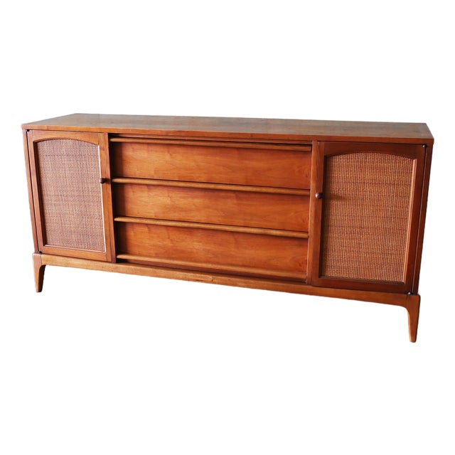 1960s Lane Rhythm Walnut and Cane Dresser Cabinet Credenza Mid Century Modern 66" For Sale