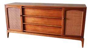 1960s Lane Rhythm Walnut and Cane Dresser Cabinet Credenza Mid Century Modern 66"