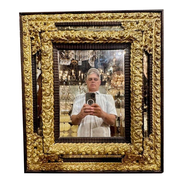 19th Century Dutch Brass Repousse and Ebony Cushion Mirror For Sale