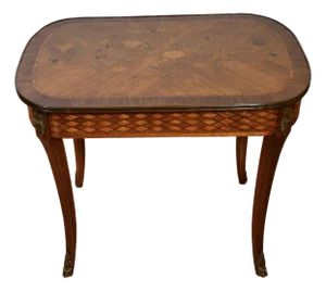 1910s Antique French Louis XV Walnut & Satinwood Inlay Small Coffee Table