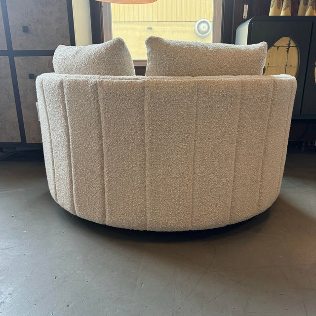 Cream Selene Sculptural Round Swivel Lounge Chair, Fully Upholstered Circular Seat For Sale - Image 8 of 9