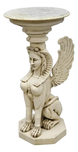 Vintage Egyptian Female Sphinx Round Marble Top Carved Wood Pedestal Plant Stand