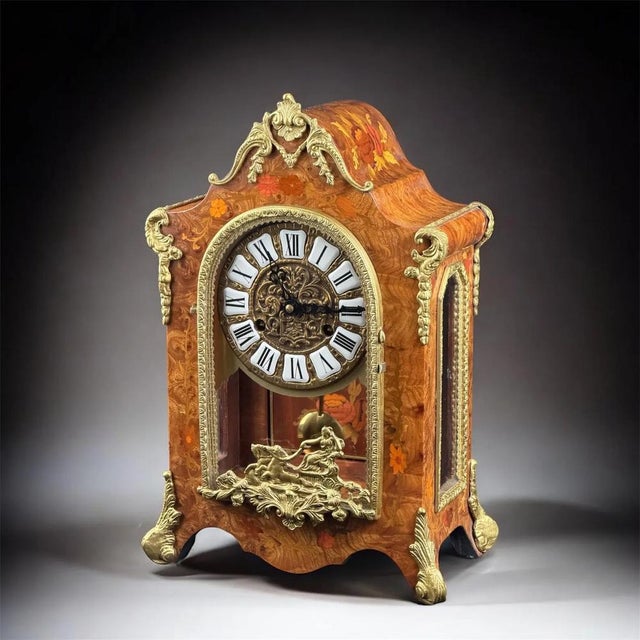 Italian Inlaid Mantel Clock, German Movement, 152in, 1940s For Sale - Image 3 of 13